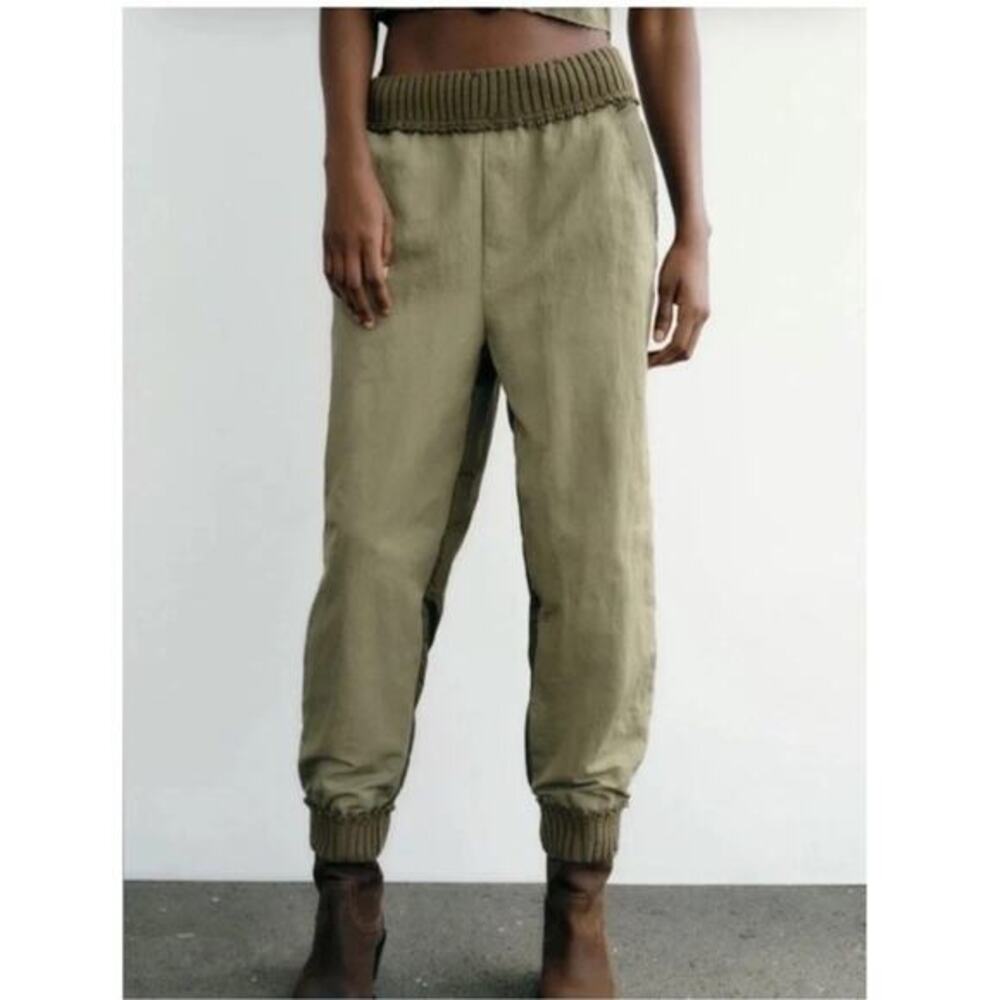 Zara Olive Patchwork Nylon Jogger Pants 90’s Size S Distressed Grunge